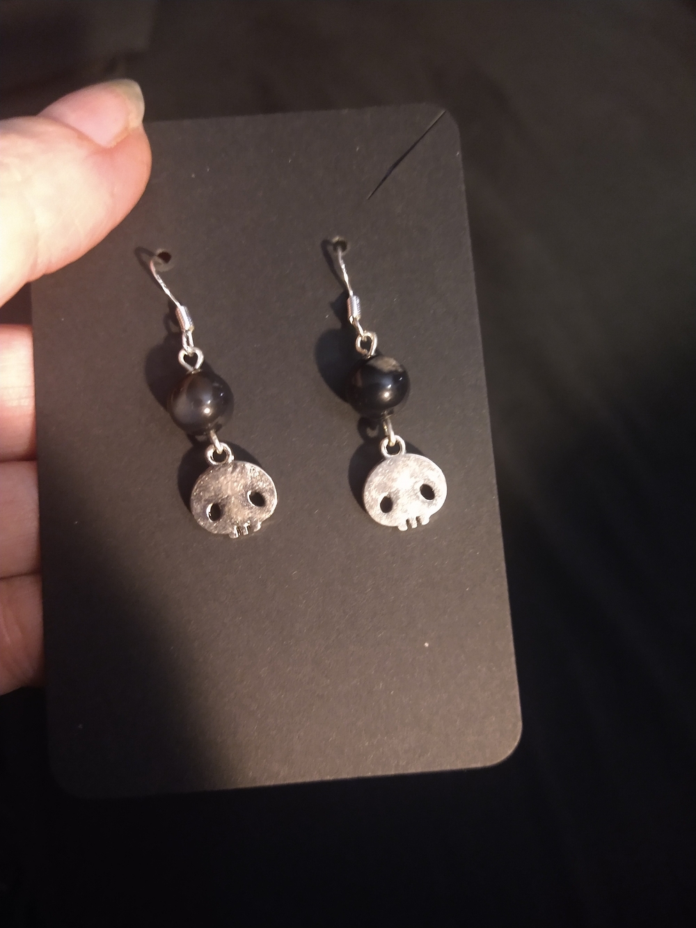Black Agate Skull Drop Earrings - Gothic Gargoyle